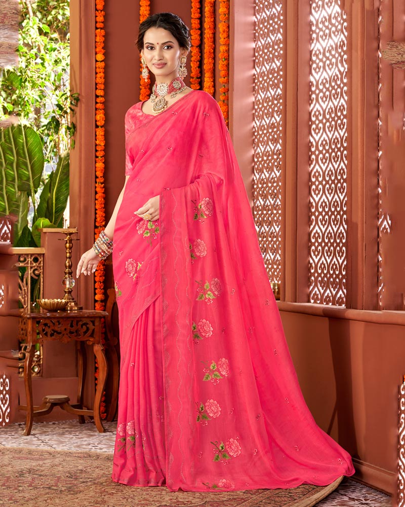 Vishal Prints Mandy Pink Designer Chiffon Saree With Embroidery Diamond Work And Core Piping
