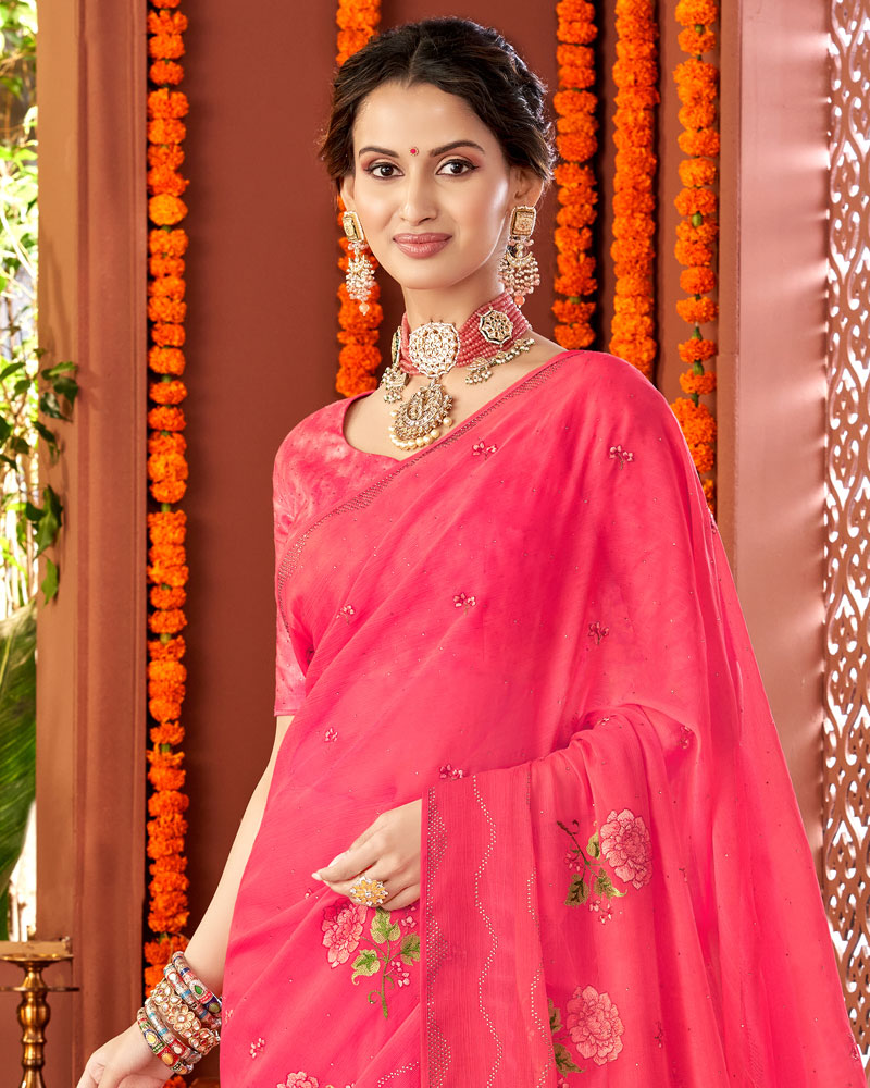 Vishal Prints Mandy Pink Designer Chiffon Saree With Embroidery Diamond Work And Core Piping