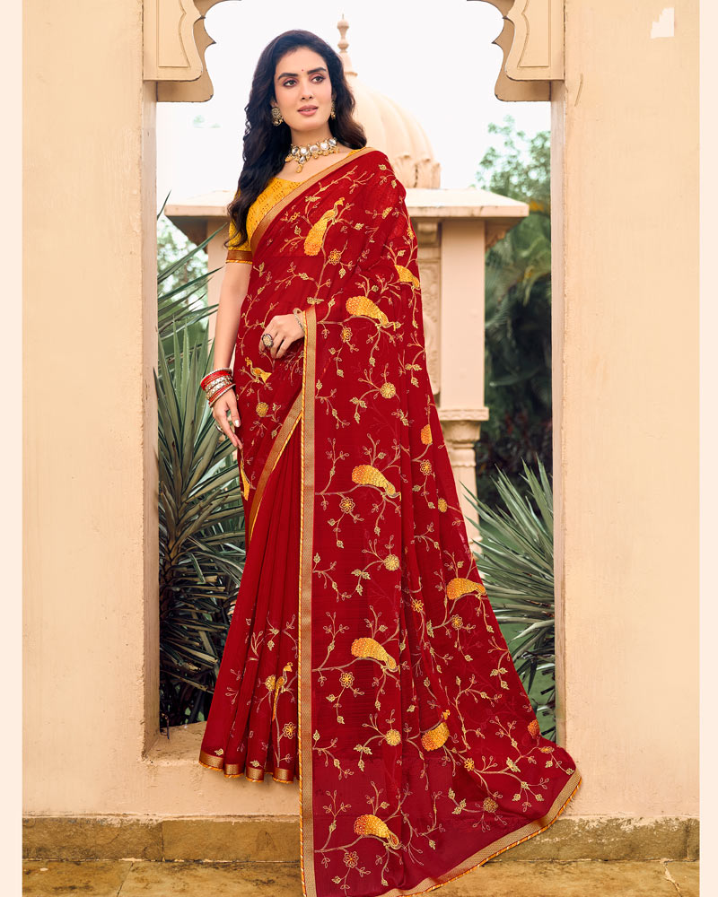 Vishal Prints Crimson Red Designer Chiffon Saree With Embroidery-Diamond Work And Zari Border