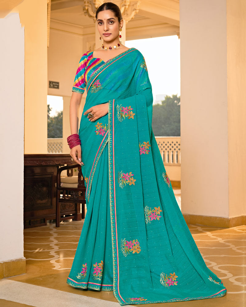 Vishal Prints Persian Green Designer Fancy Chiffon Saree With Embroidery-Diamond Work And Embroidery Border