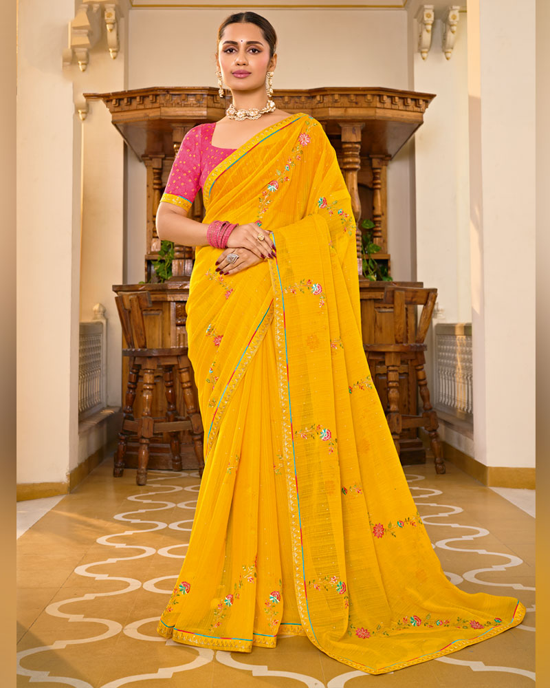 Vishal Prints Orange Yellow Designer Fancy Chiffon Saree With Embroidery-Diamond Work And Embroidery Border