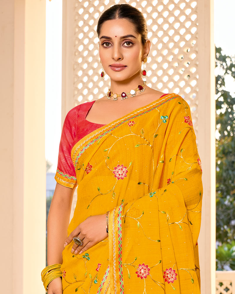 Vishal Prints Dark Yellow Designer Fancy Chiffon Saree With Embroidery-Diamond Work And Embroidery Border