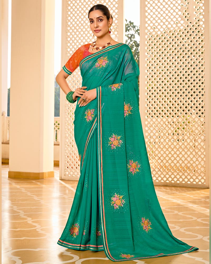 Vishal Prints Pine Green Designer Fancy Chiffon Saree With Embroidery-Diamond Work And Embroidery Border