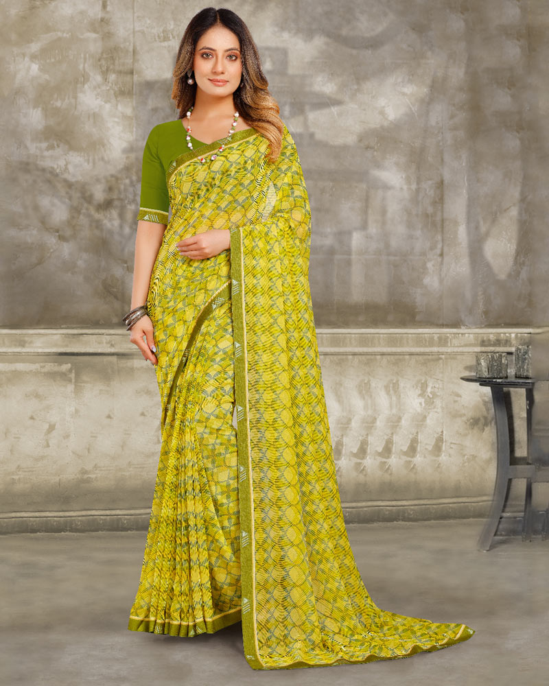 Vishal Prints Olive Yellow Printed Georgette Saree With Fancy Border