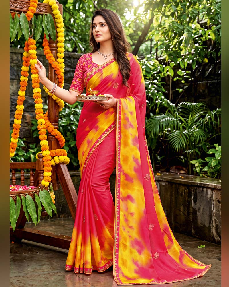 Vishal Prints Tomato Red Traditional Print Fancy Chiffon Saree With Foil Print And Embroidery Border