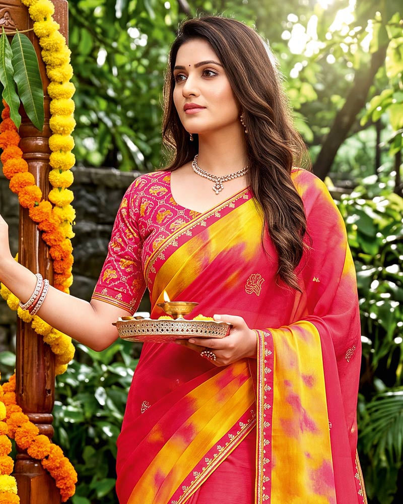 Vishal Prints Tomato Red Traditional Print Fancy Chiffon Saree With Foil Print And Embroidery Border