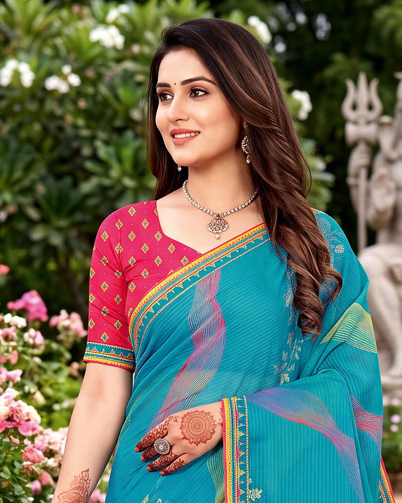 Vishal Prints Deep Sky Blue Traditional Print Fancy Chiffon Saree With Foil Print And Embroidery Border