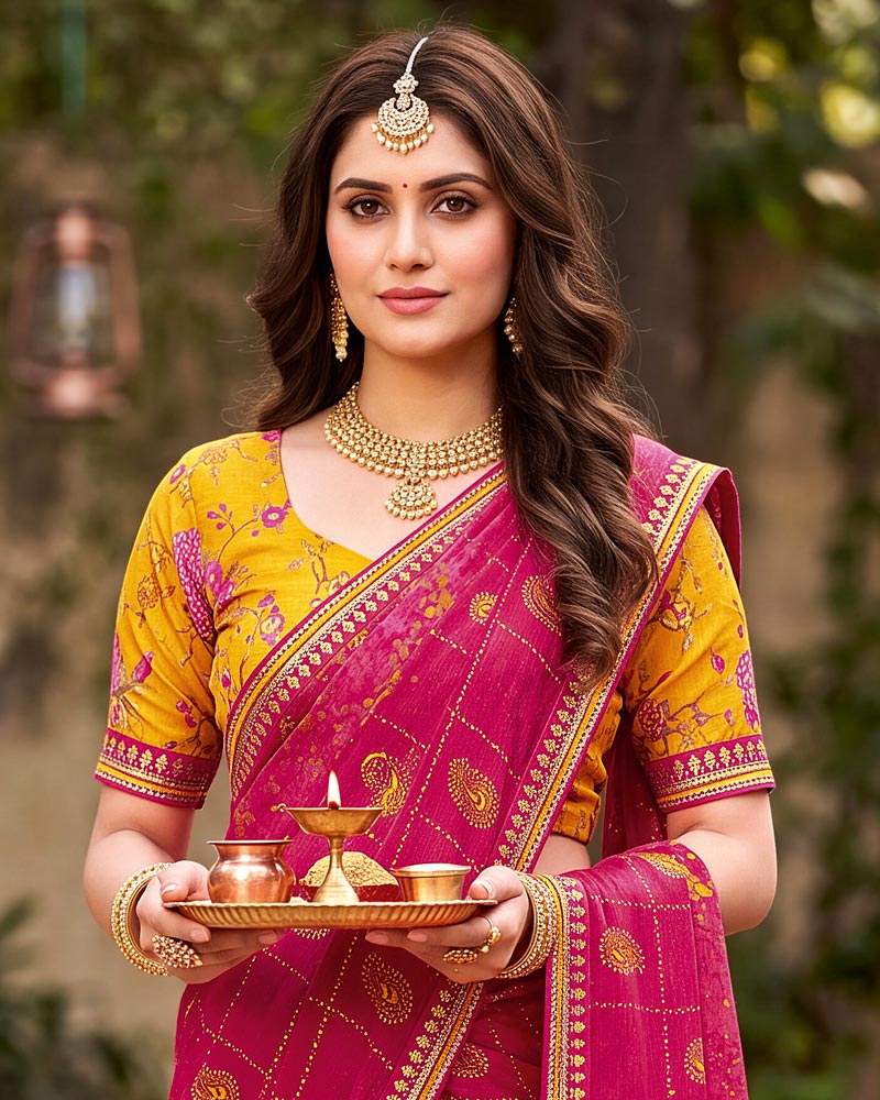 Vishal Prints Deep Rani Pink Traditional Print Fancy Chiffon Saree With Foil Print And Embroidery Border