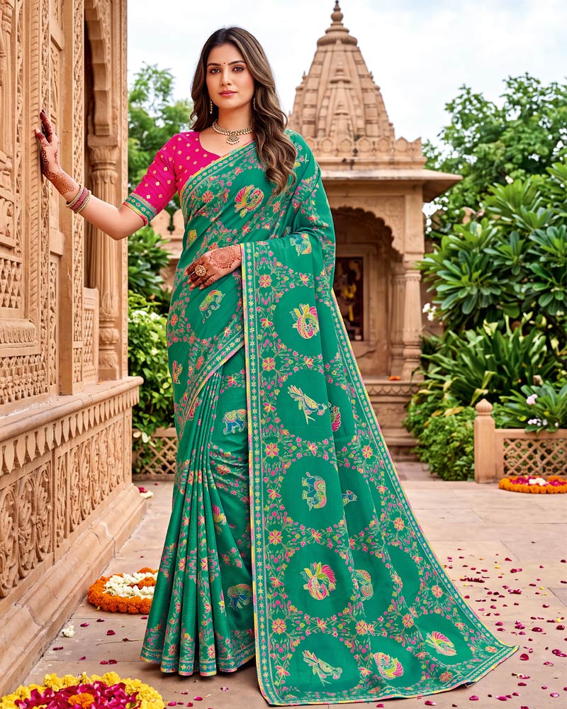 Vishal Prints Teal Green Traditional Print Fancy Chiffon Saree With Foil Print And Embroidery Border