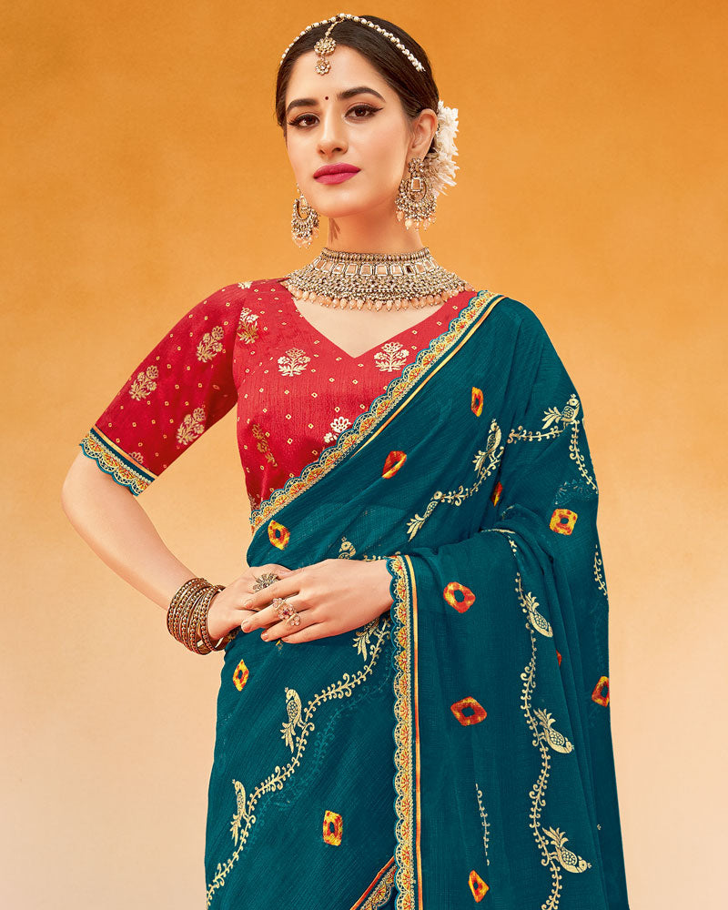 Vishal Prints Peacock Blue Printed Fancy Chiffon Traditional Print Saree With Foil Print And Cut Work Border