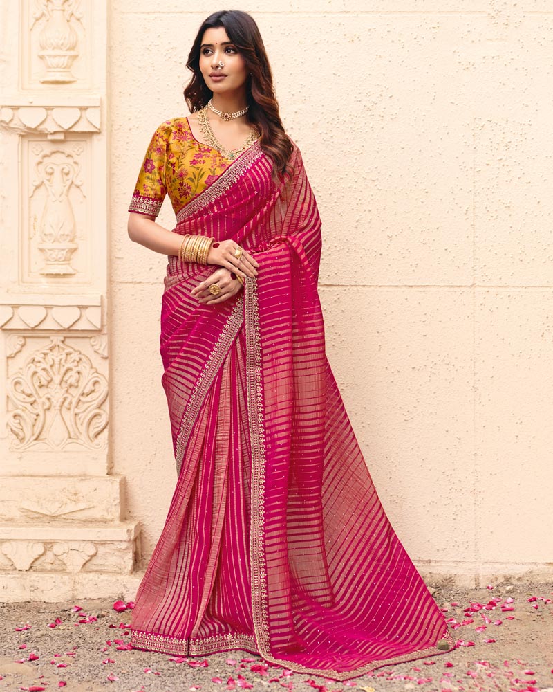 Vishal Prints Raspberry Pink Designer Patterned Chiffon Saree With Diamond Work And Fancy Embroidery Border