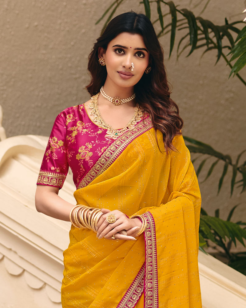 Vishal Prints Mustard Designer Patterned Chiffon Saree With Diamond Work And Fancy Embroidery Border