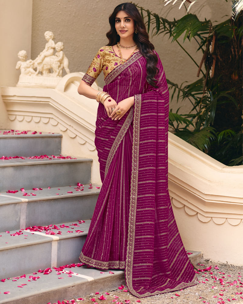 Vishal Prints Wine Designer Patterned Chiffon Saree With Diamond Work And Fancy Embroidery Border