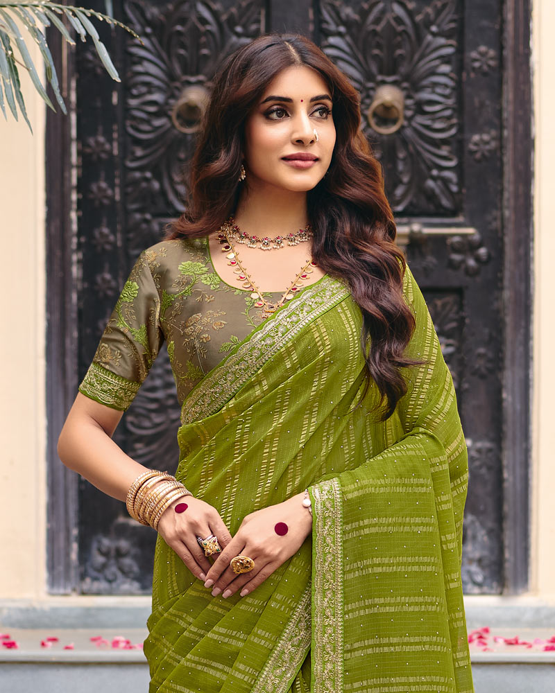 Vishal Prints Mehandi Green Designer Patterned Chiffon Saree With Diamond Work And Fancy Embroidery Border