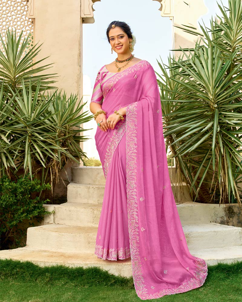 Vishal Prints Light Rose Pink Designer Fancy Chiffon Resham-Embroidery-Diamond-Work Saree With Cut Work Border