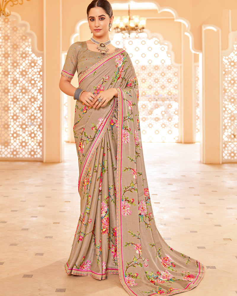 Vishal Prints Pale Taupe Printed Brasso Saree With Fancy Border