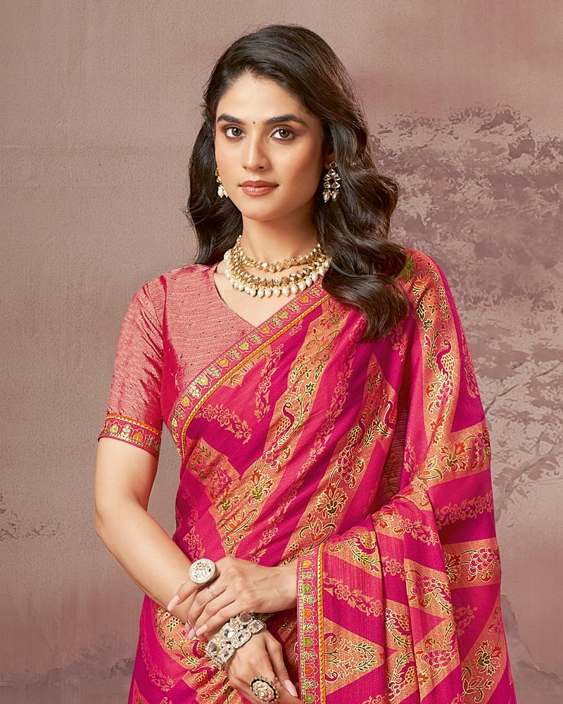 Vishal Prints Pinkish Red Printed Brasso Saree With Foil Print And Fancy Embroidery Border