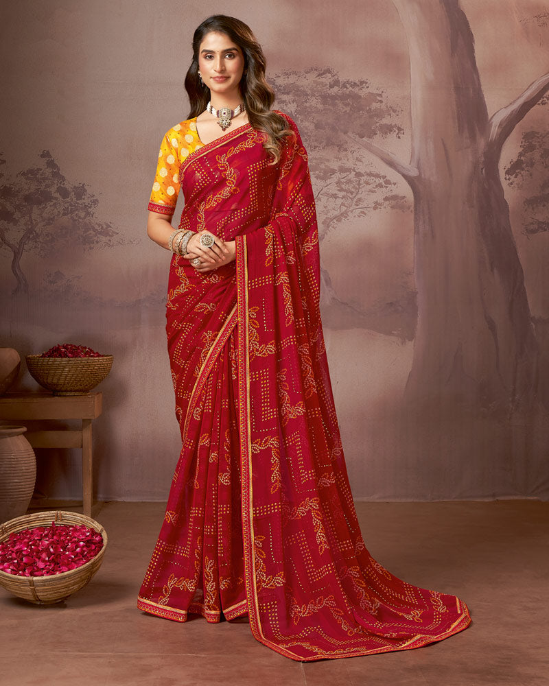 Vishal Prints Cardinal Red Printed Fancy Chiffon Saree With Foil Print And Fancy Embroidery Border