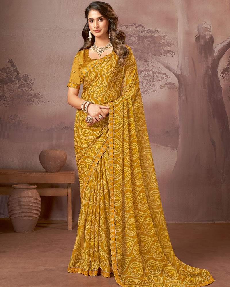 Vishal Prints Ochre Printed Fancy Chiffon Saree With Cut Work Embroidery Border