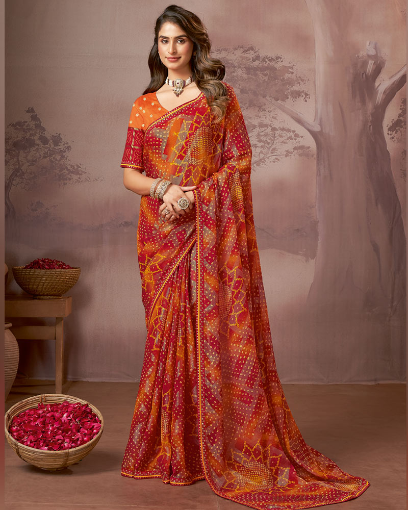 Vishal Prints Flame Orange And Cherry Red Printed Brasso Saree With Foil Print And Fancy Embroidery Border