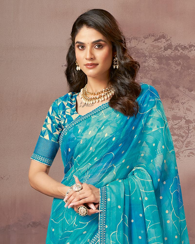 Vishal Prints Pacific Blue Printed Fancy Chiffon Saree With Embroidery Border
