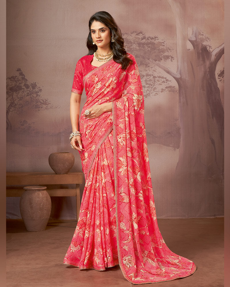 Vishal Prints Light Carmine Pink Printed Fancy Chiffon Saree With Embroidery Border