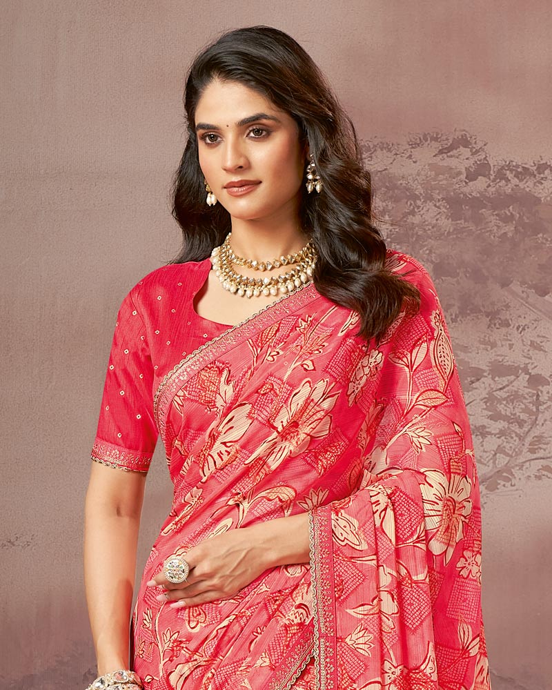 Vishal Prints Light Carmine Pink Printed Fancy Chiffon Saree With Embroidery Border