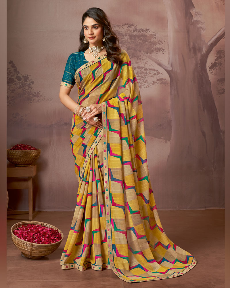 Vishal Prints Yellow Ochre And Beige Printed Fancy Chiffon Saree With Embroidery Border