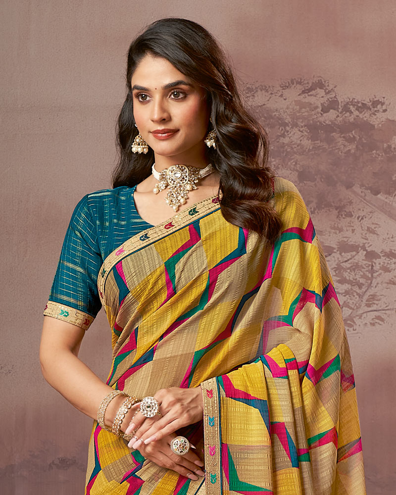 Vishal Prints Yellow Ochre And Beige Printed Fancy Chiffon Saree With Embroidery Border