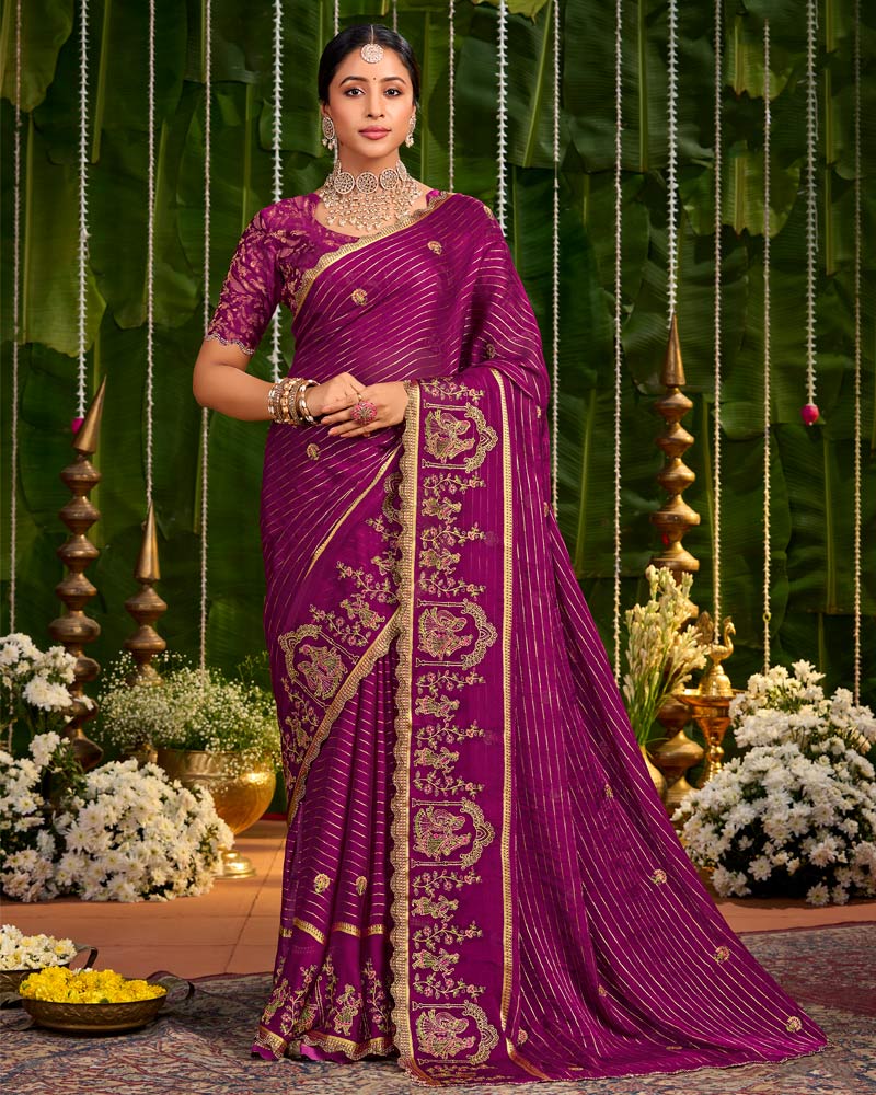 Vishal Prints Dark Fuchsia Designer Chiffon-Viscose Saree With Embroidery-Diamond Work And Cut Work Border