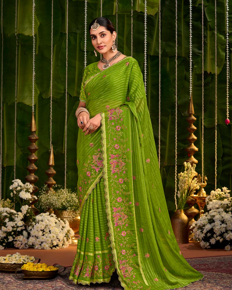 Vishal Prints Mehandi Green Designer Chiffon-Viscose Saree With Embroidery-Diamond Work And Cut Work Border
