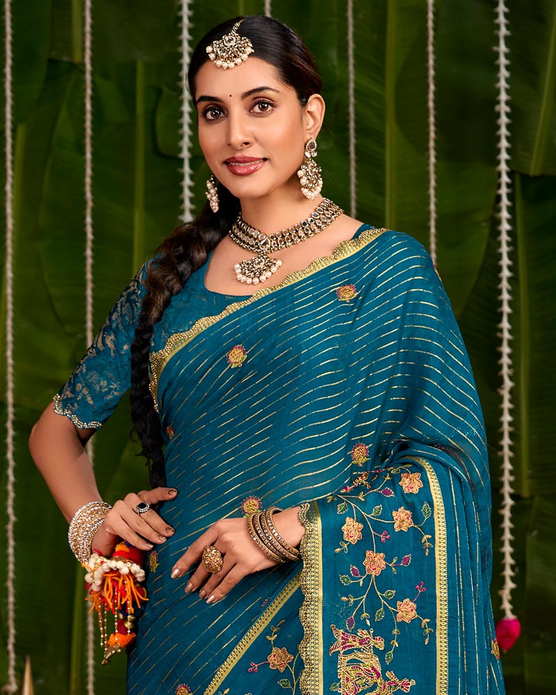 Vishal Prints Peacock Blue Designer Chiffon-Viscose Saree With Embroidery-Diamond Work And Cut Work Border