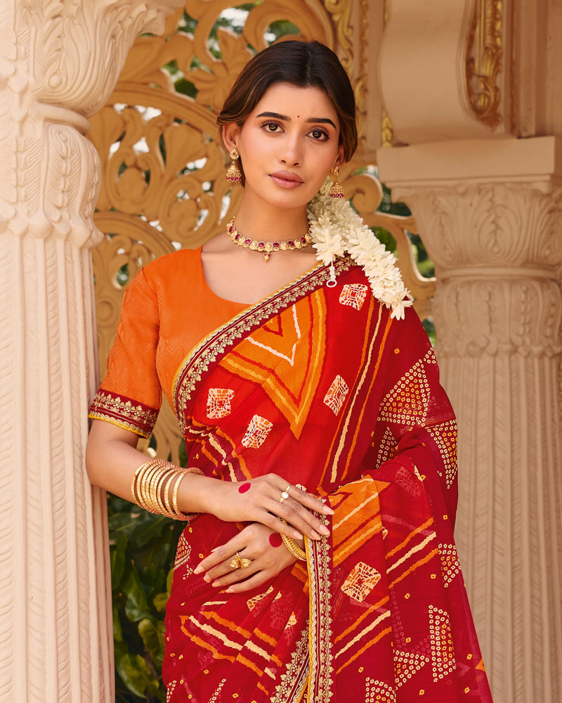 Vishal Prints Red Orange Fancy Chiffon Traditional Print Saree With Fancy Border