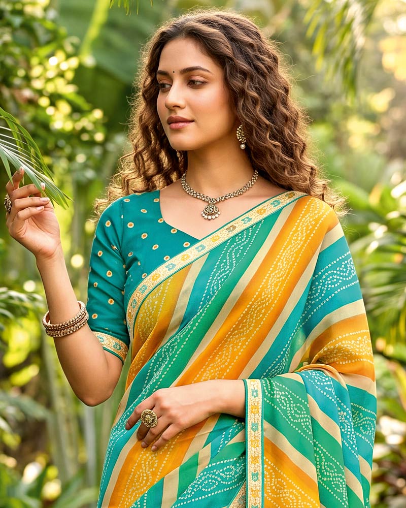 Vishal Prints Light Sea Green And Orange Printed Georgette Traditional Print Saree With Fancy Border