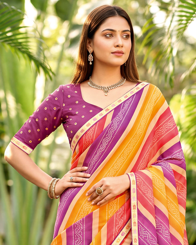 Vishal Prints Light Plum And Orange Printed Georgette Traditional Print Saree With Fancy Border