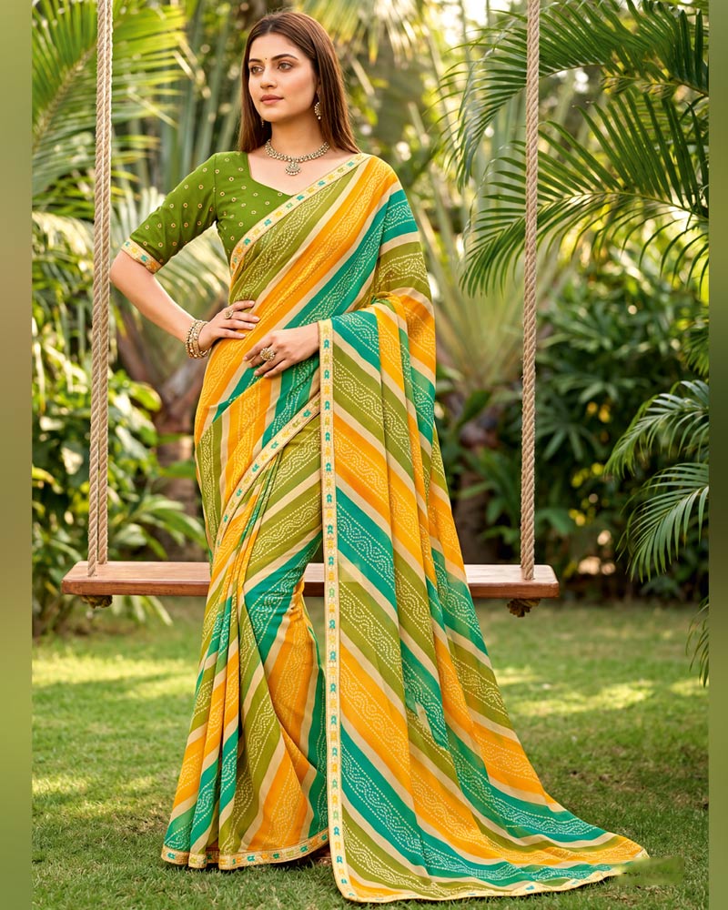 Vishal Prints Olive Yellow And Orange Printed Georgette Traditional Print Saree With Fancy Border