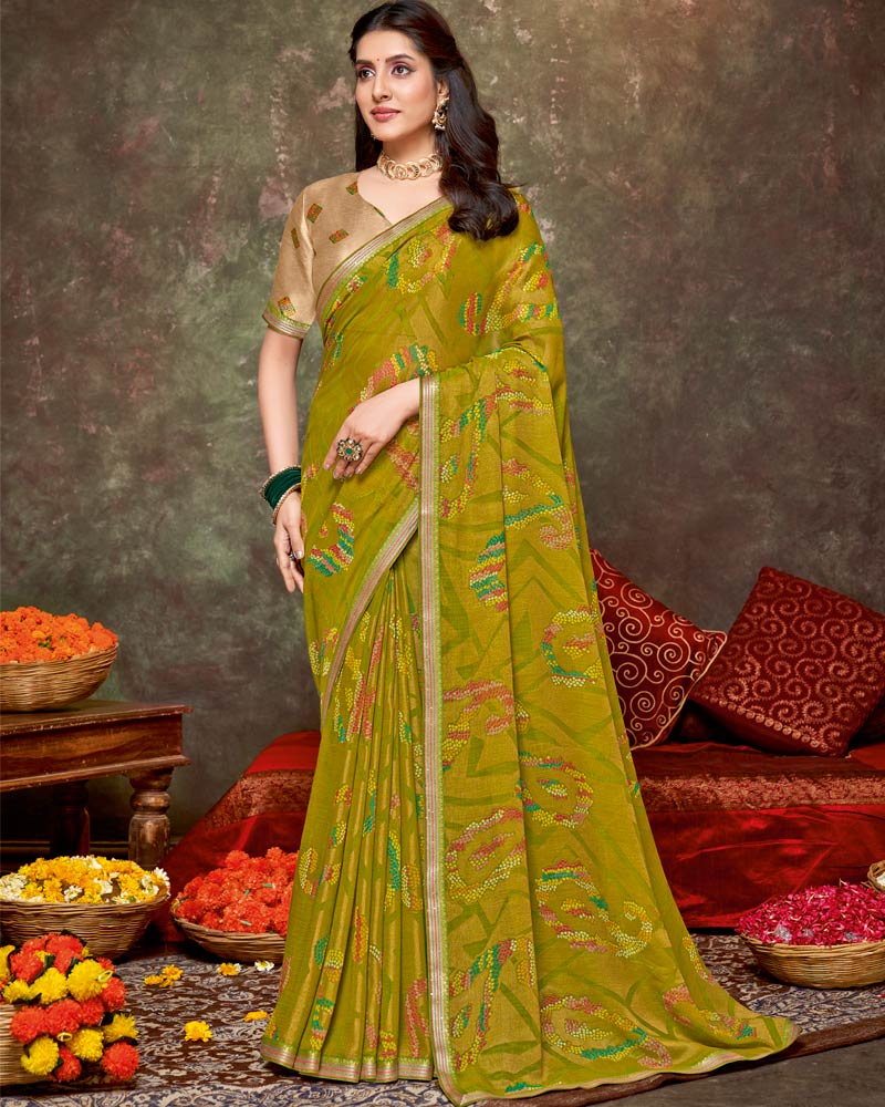 Vishal Prints Mustard Brown Printed Brasso Saree With Foil Print And Fancy Border
