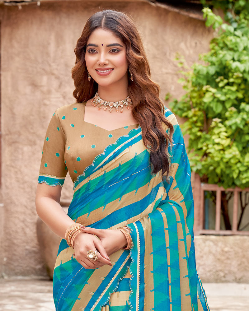 Vishal Prints Ocean Blue And Persian Green Printed Fancy Chiffon Designer Saree With Cut Work Border