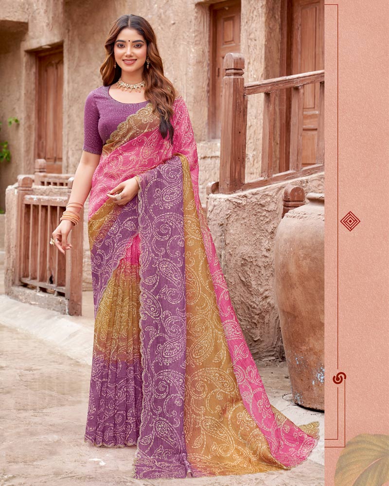 Vishal Prints Dusky Purple Printed Fancy Chiffon Designer Saree With Cut Work Border