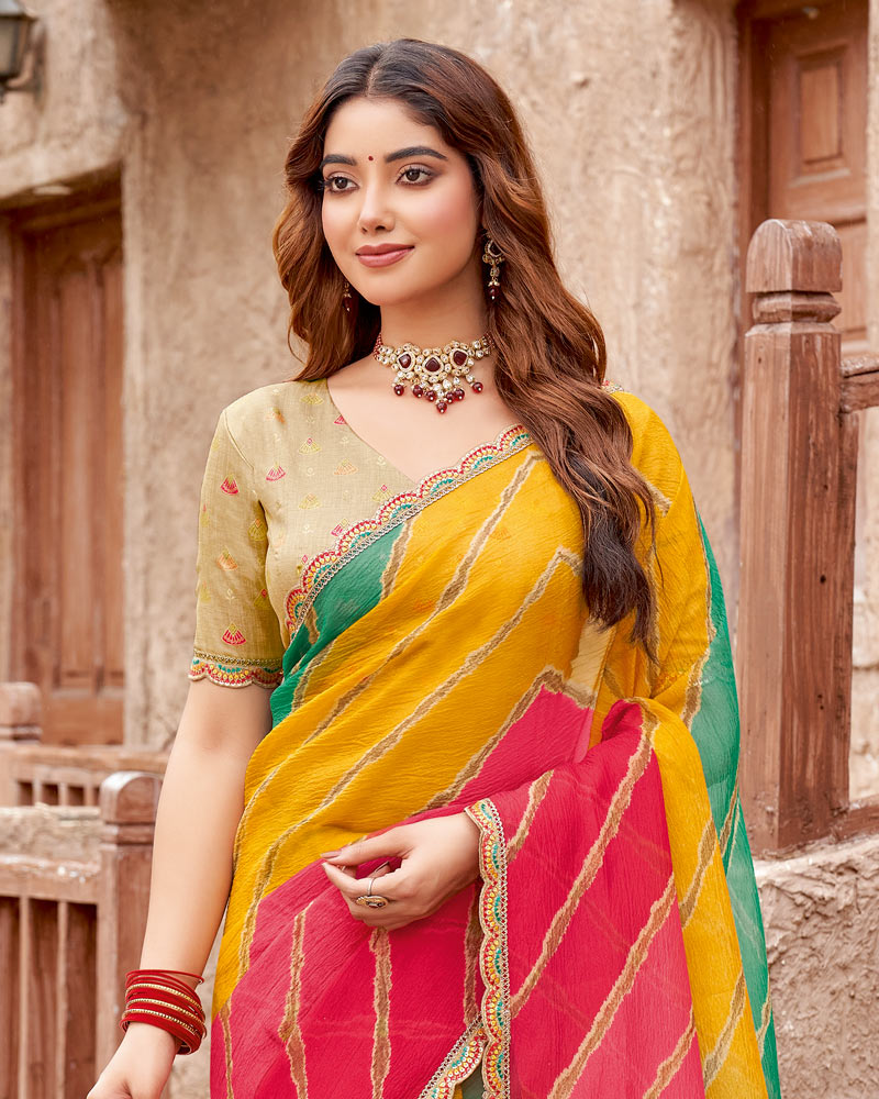 Vishal Prints Carmine Pink And Ochre Printed Fancy Chiffon Traditional Print Saree With Cut Work Border