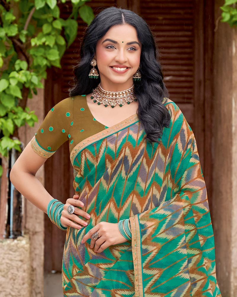 Vishal Prints Pine Green Printed Fancy Chiffon Saree With Fancy Border