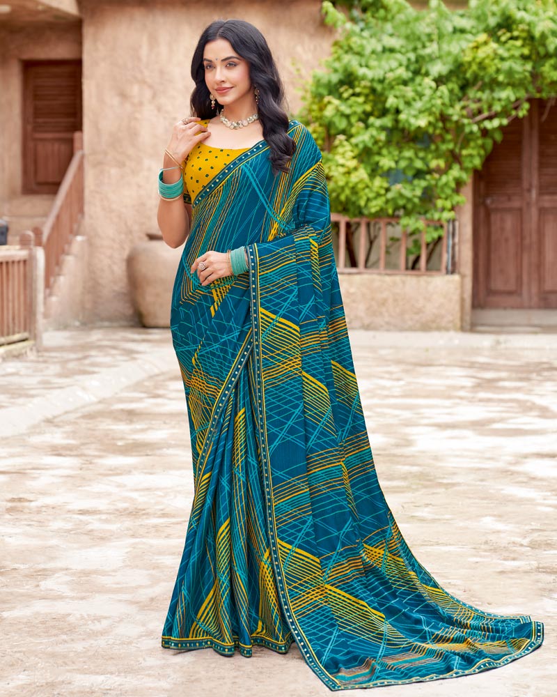 Vishal Prints Regal Blue Printed Fancy Chiffon Saree With Fancy Border