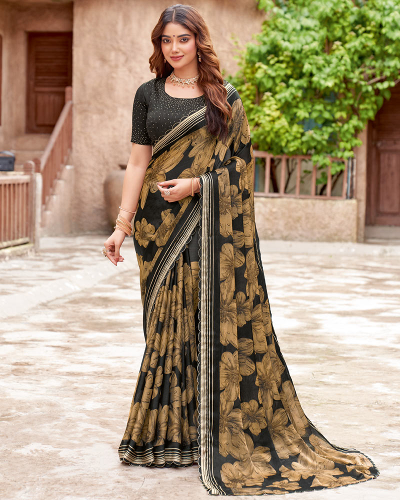 Vishal Prints Charcoal Black Printed Fancy Chiffon Saree With Cut Work Border