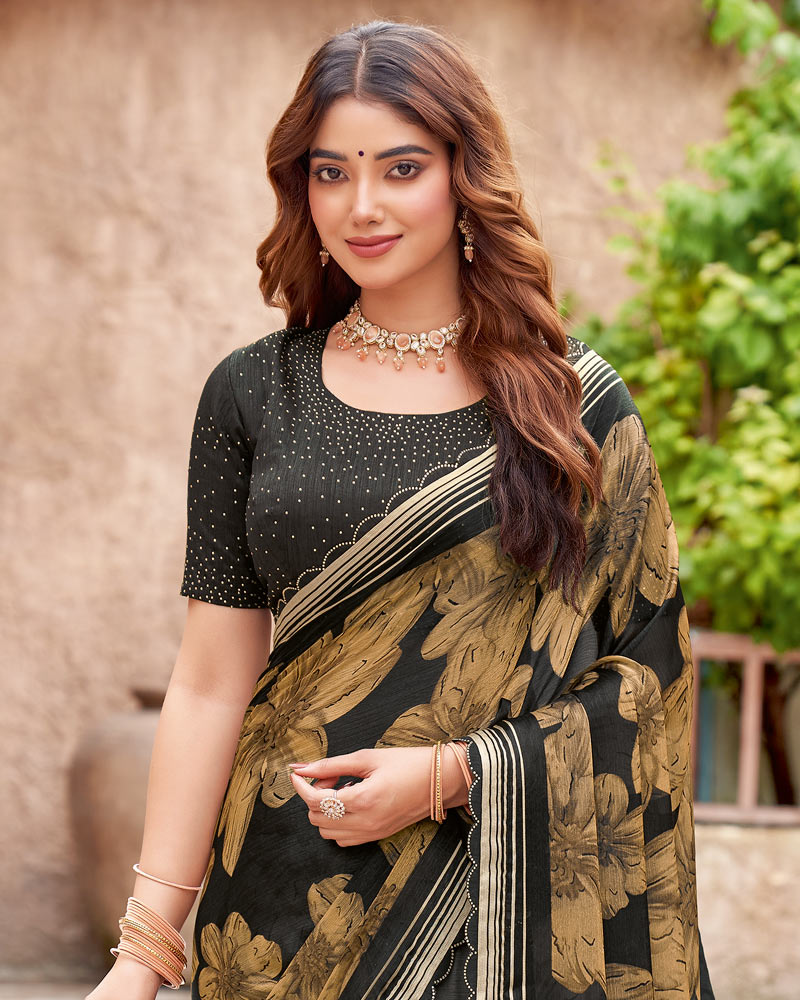 Vishal Prints Charcoal Black Printed Fancy Chiffon Saree With Cut Work Border