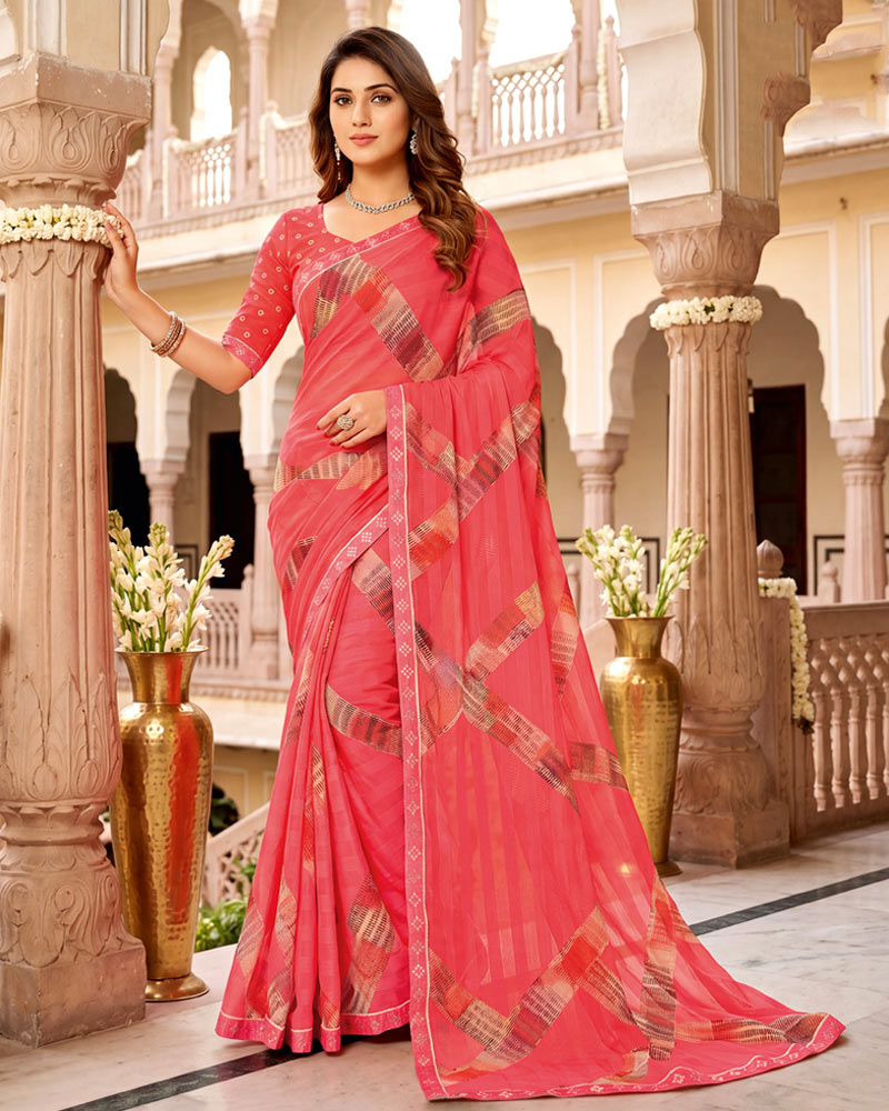 Vishal Prints Fushia Peach Digital Print Chiffon Saree With Fancy Border