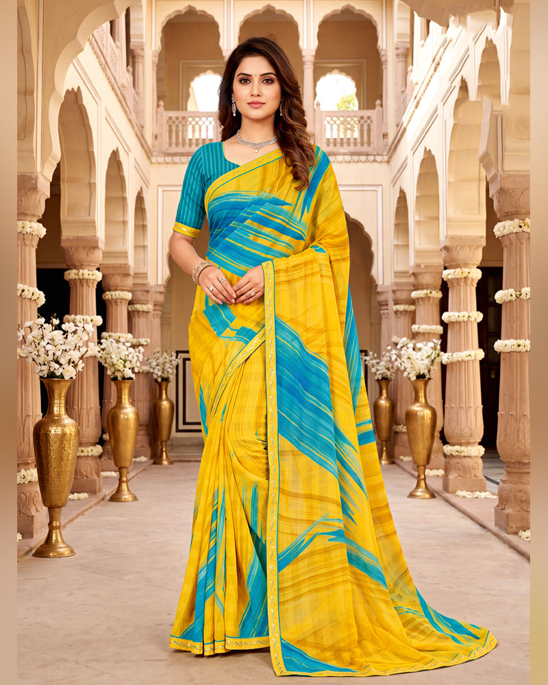 Vishal Prints Bright Yellow Digital Print Chiffon Saree With Fancy Border