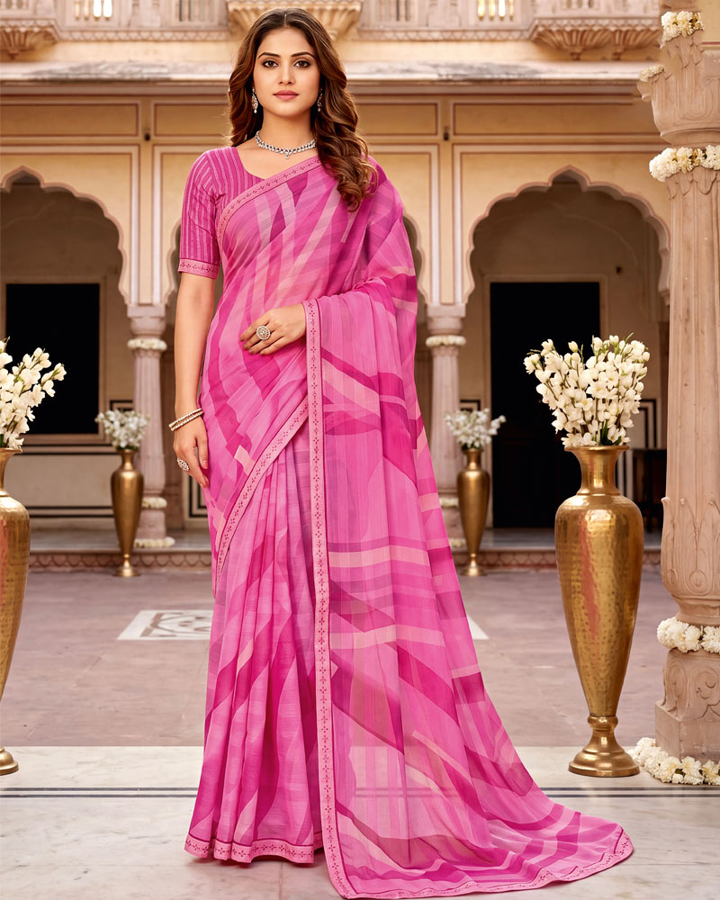 Vishal Prints Bright Pink Digital Print Chiffon Saree With Fancy Border