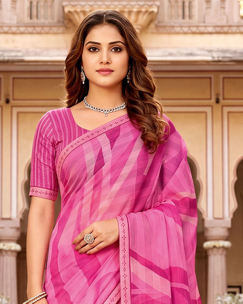 Vishal Prints Bright Pink Digital Print Chiffon Saree With Fancy Border