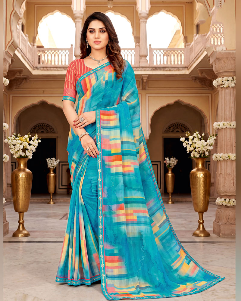 Vishal Prints Sky Blue Digital Print Chiffon Saree With Fancy Border