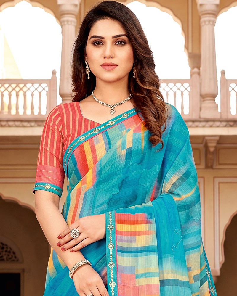 Vishal Prints Sky Blue Digital Print Chiffon Saree With Fancy Border